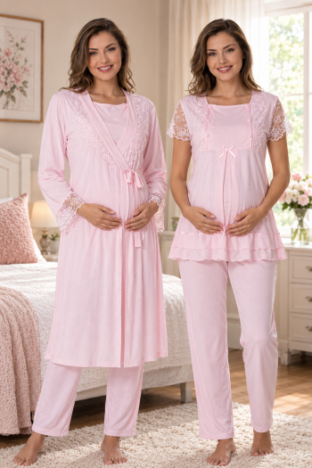 Effortt 2054P Pembe Dantel Detaylı Sabahlıklı Lohusa Pijama Takımı